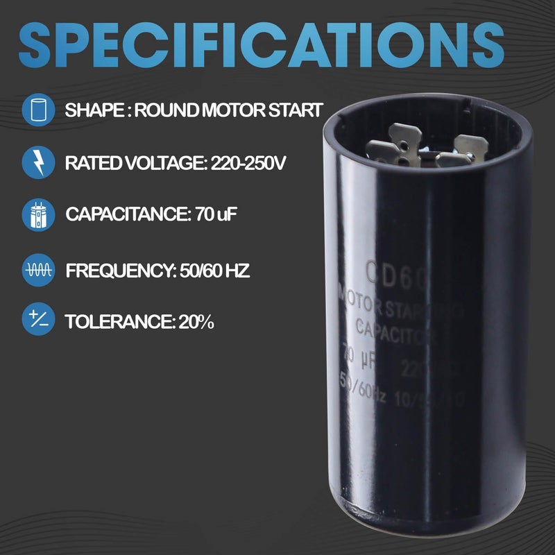 Seentech 70 uf/MFD 220-250 VAC ±20% CD60 Round Motor Start Capacitor 50/60 Hz AC Electric Motor Universal Fit for AC Motor Run or Fan Start and Cool or Heat Pump Air Conditioner - Image 5